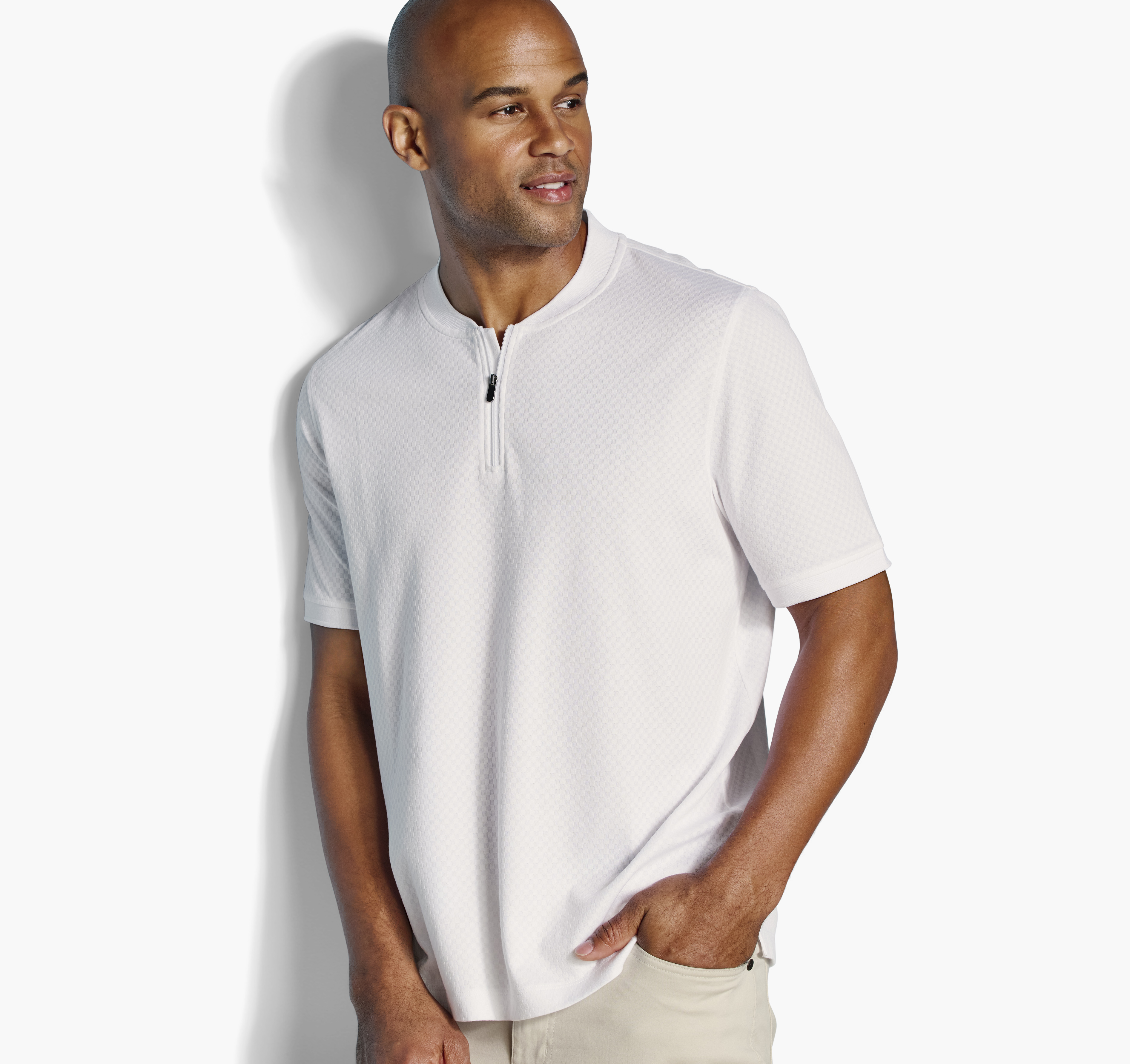 Johnston & Murphy Men's Gavin Zip Jacquard Polo - White Checkerboard - Size S - Regular