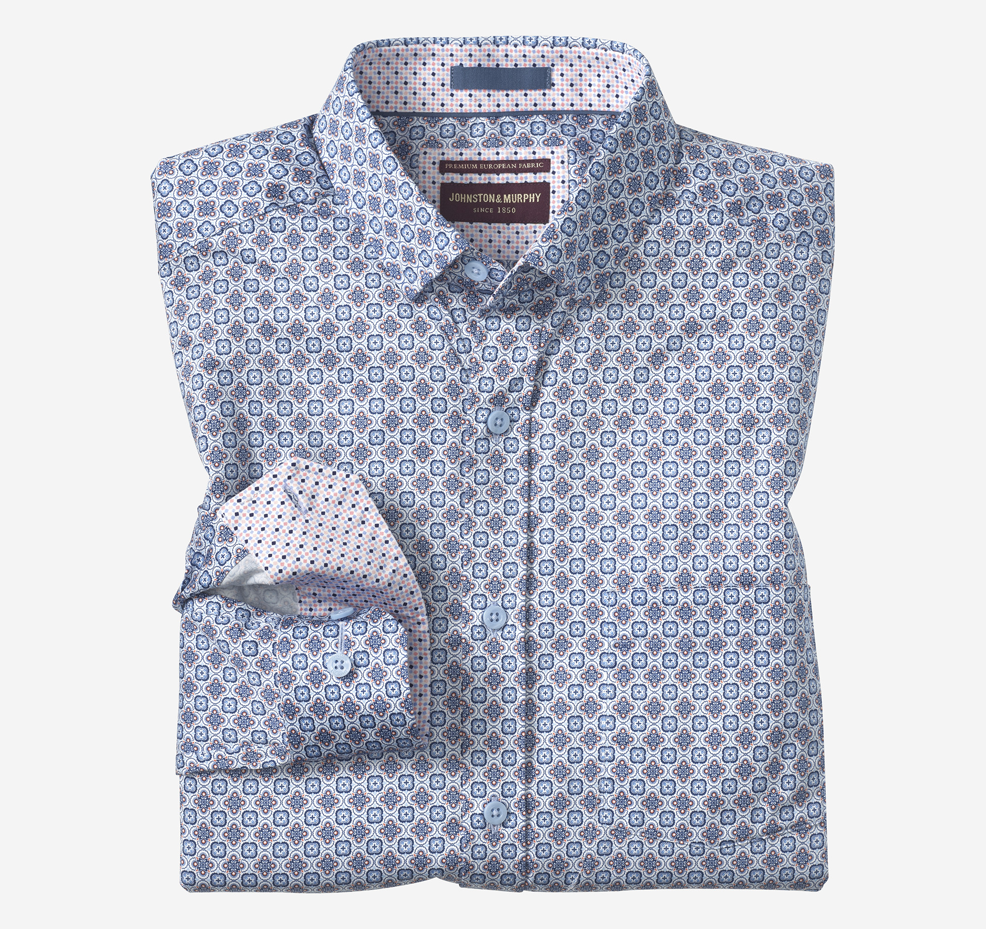 Johnston & Murphy Men's Logan Printed Long-Sleeve Shirt - Blue/Pink Floral Tile - Size XXL - Regular