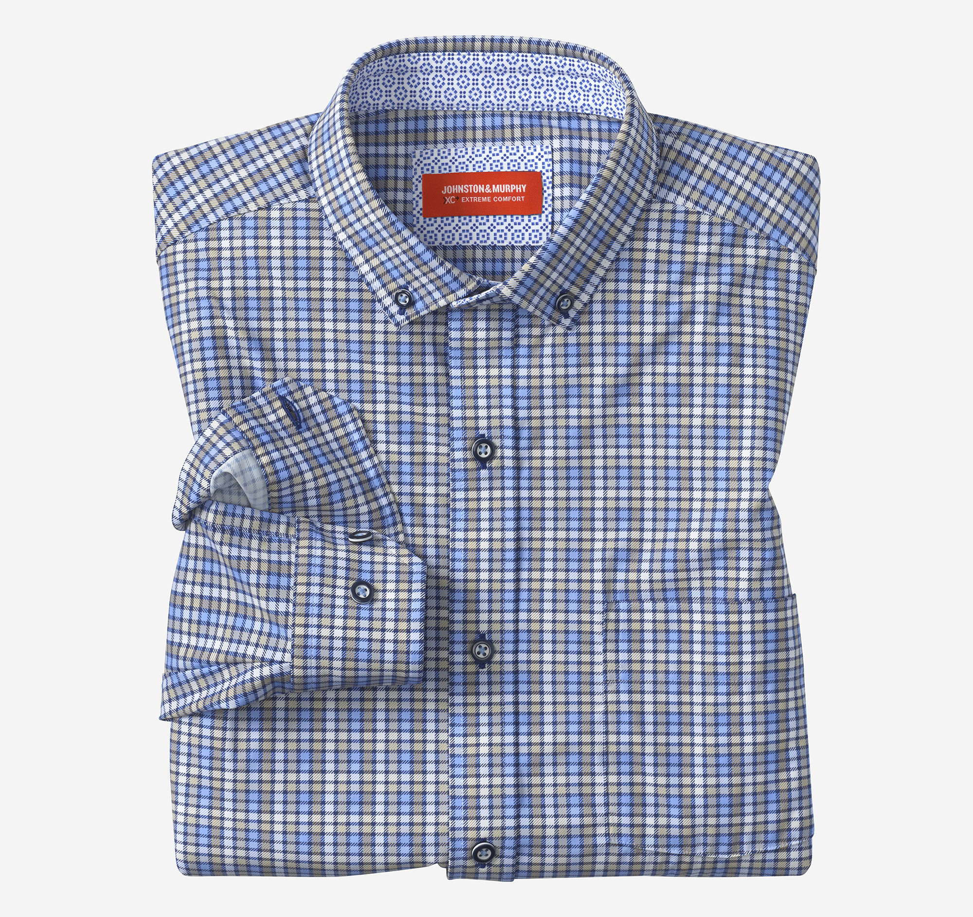 Johnston & Murphy Men's XC Motion Long-Sleeve Sport Knit Shirt - Blue/Tan Check - Size L - Regular