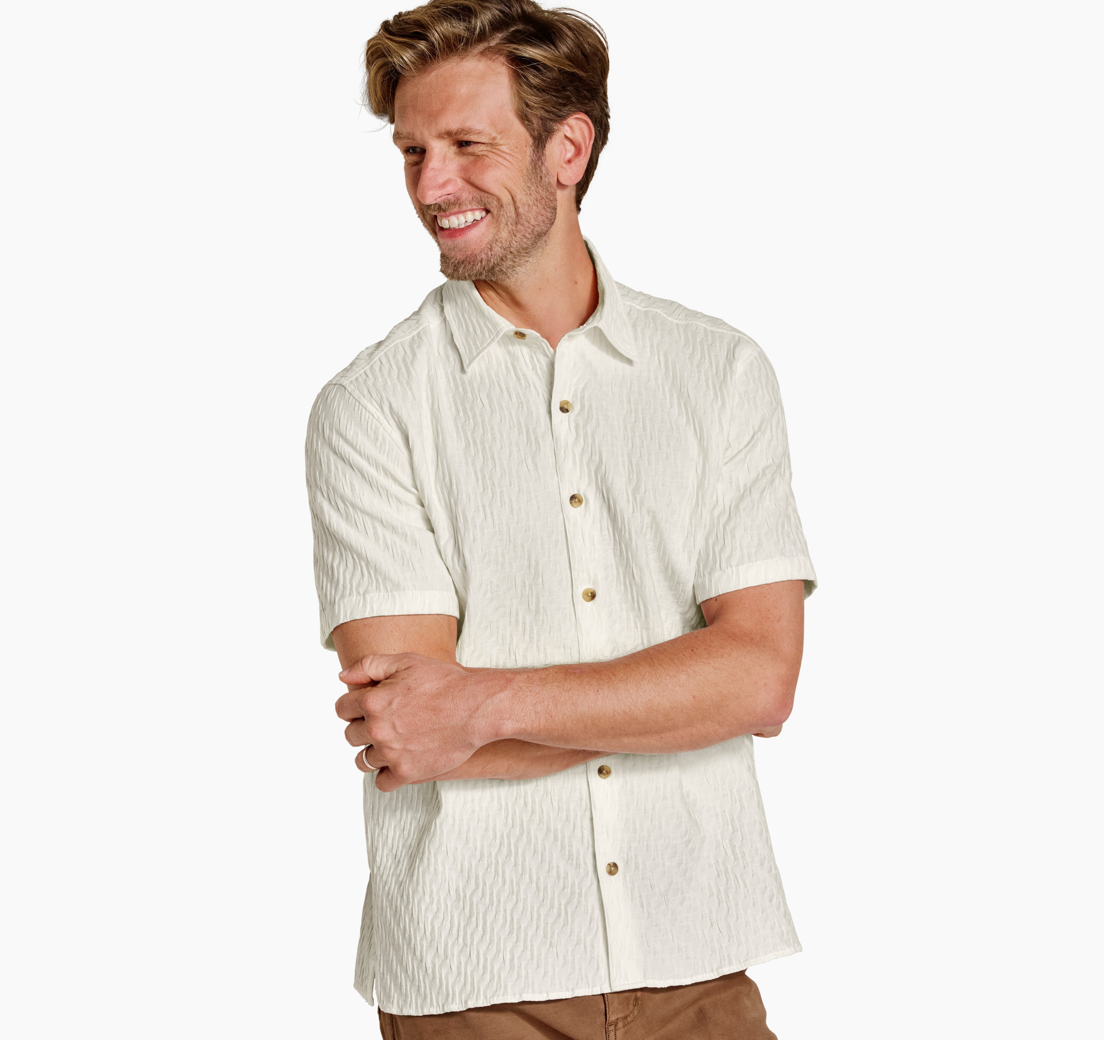 Johnston & Murphy Men's Monterey Textured Short-Sleeve Shirt - Ivory Diagonal Bar - Size XXL - Regular