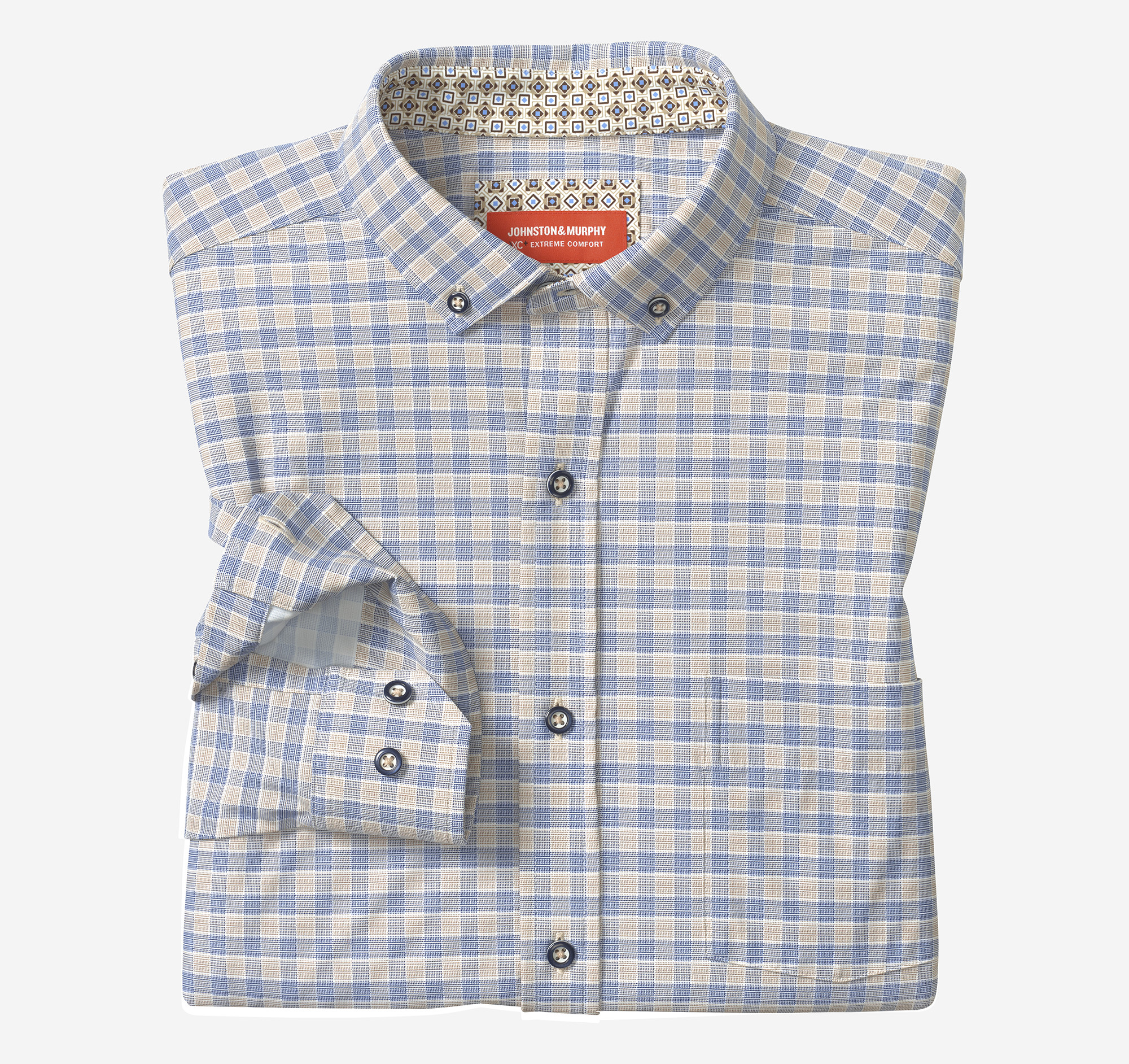 Johnston & Murphy Men's XC Motion Long-Sleeve Sport Knit Shirt - Tan/Navy Two-Tone Gingham - Size XXL - Regular