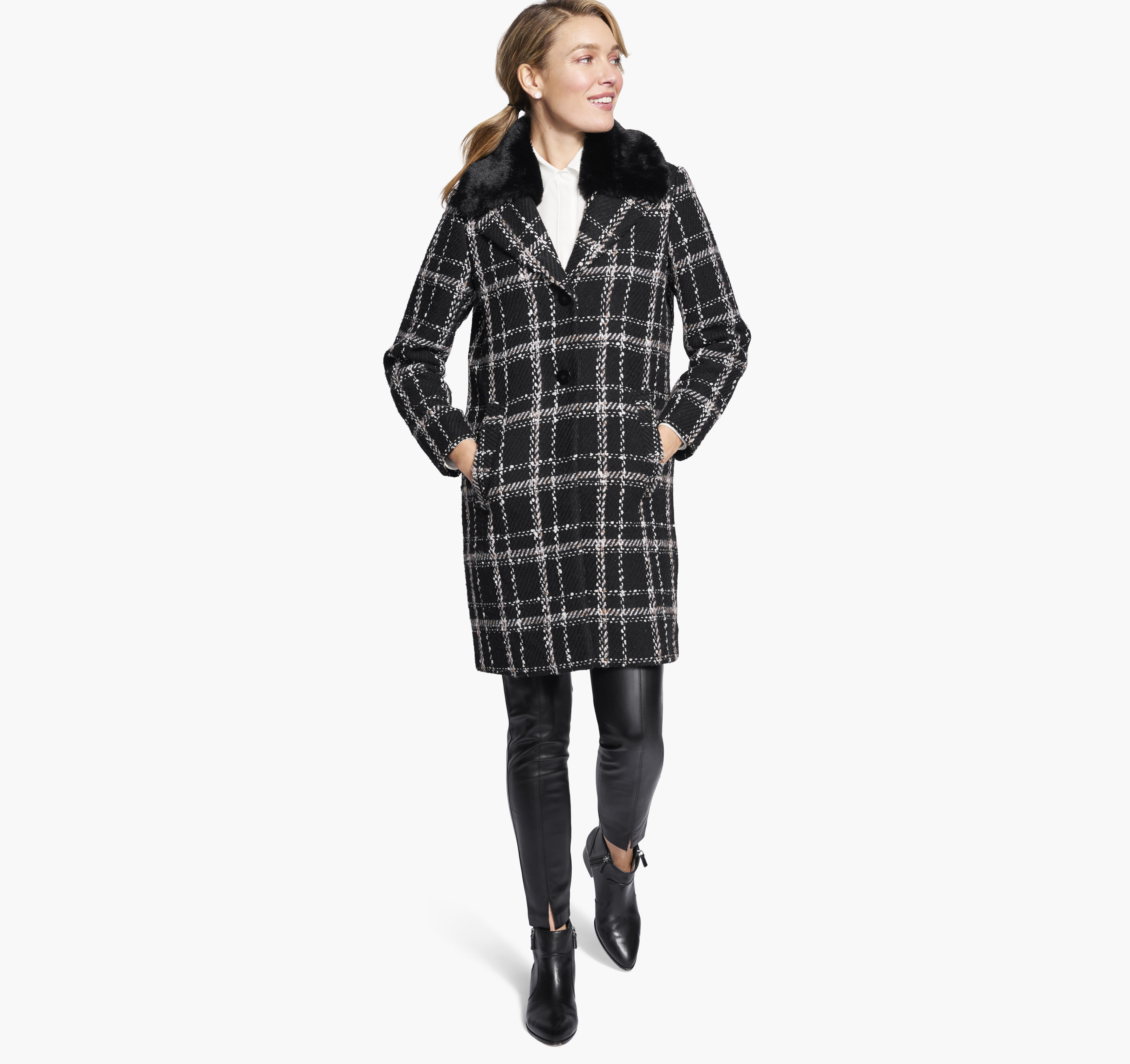 Plaid Coat with Removable Faux-Fur Collar image number null