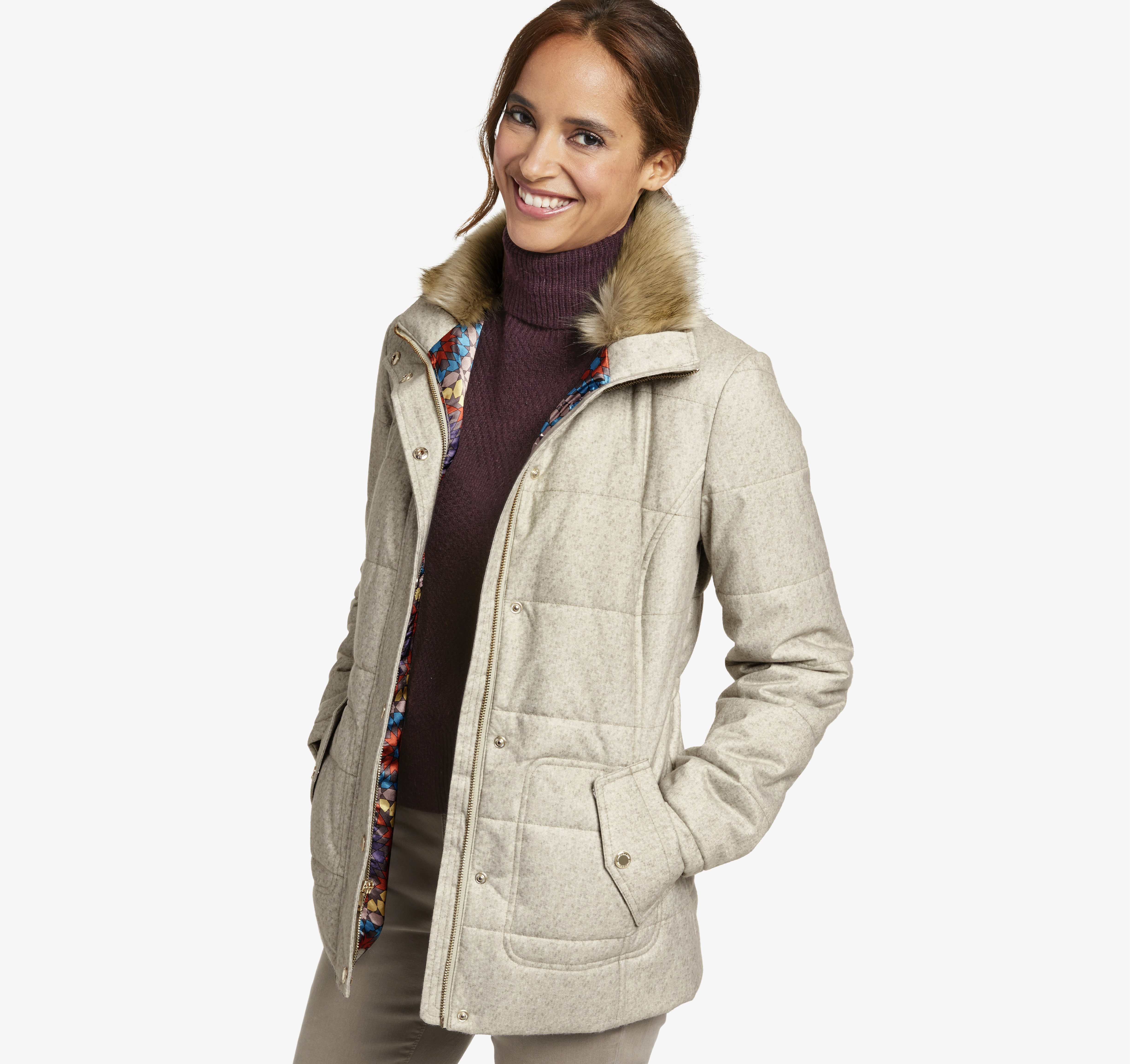 Image of Johnston & Murphy Women's Quilted Jacket with Faux-Fur Collar - Oatmeal - Size L