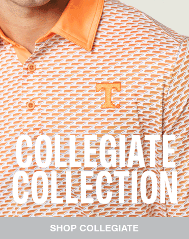 Close up shot of four different polos all with an embroidered University logo on the chest with the words Collegiate Collection over laying the image.