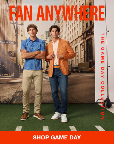 Two men model game day outfits on a football field-inspired set with a city backdrop. Text reads 