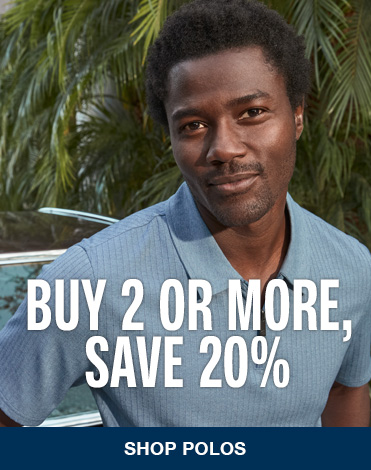 A close up image of a man wearing a light blue polo with green palm trees in the background. The words Buy 2 or more, save 20% are shown overtop the bottom section of the image.