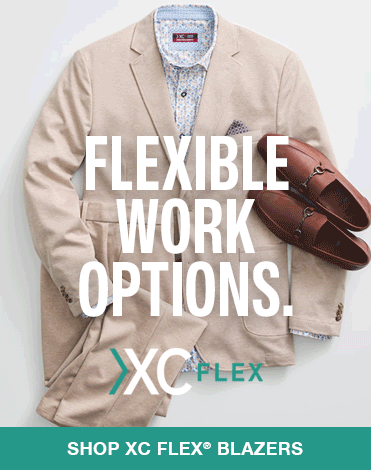 A moving graphic of a men's blazer with the outfit changing from dressy to casual.