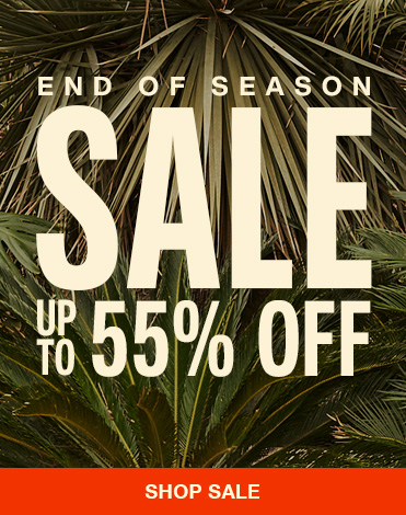 A small banner with a green palm tree or jungle leaf background with the words End of Season Sale up to 55% off with a red Shop Now button at the bottom of the banner.