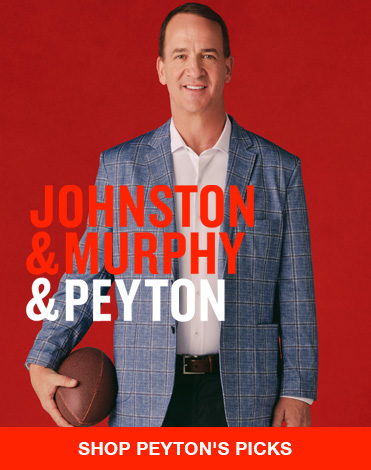 Red banner featuring Peyton Manning dressed in a blu eplaid blazer holding a football at his side with text that reads Johnston & Murphy & Peyton, click through to see Peyton's Picks