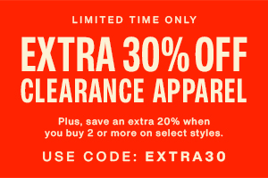 SShort red banner that reads Extra 30% off on all apparel clearance items.