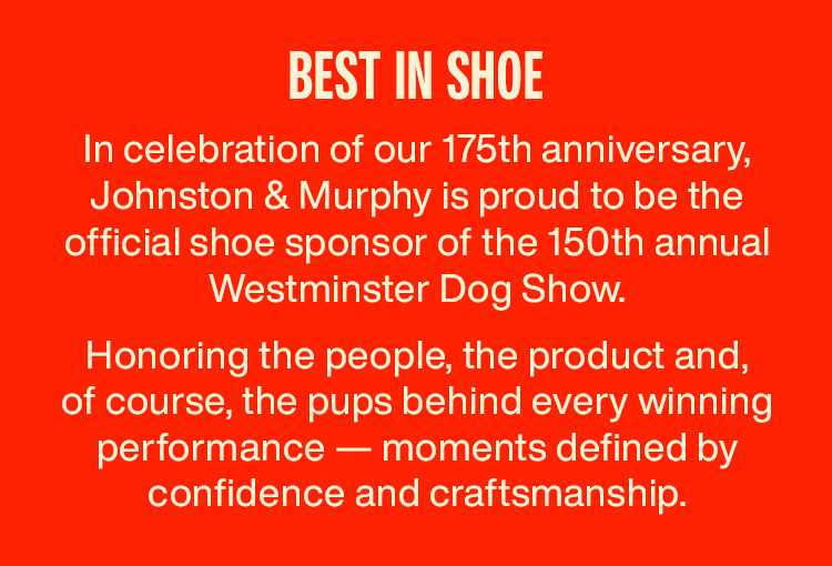 A red banner describing the Westminster Dog Show and Johnston & Murphy sponsorship.
