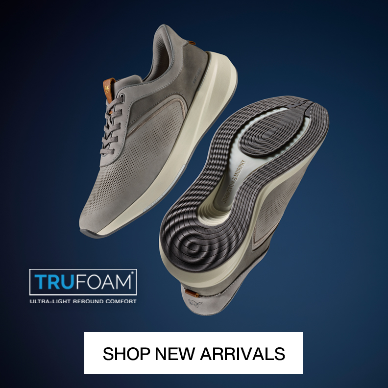 A pair of gray knit men's sneakers with a Shop New Arrivals button at the bottom of the image.