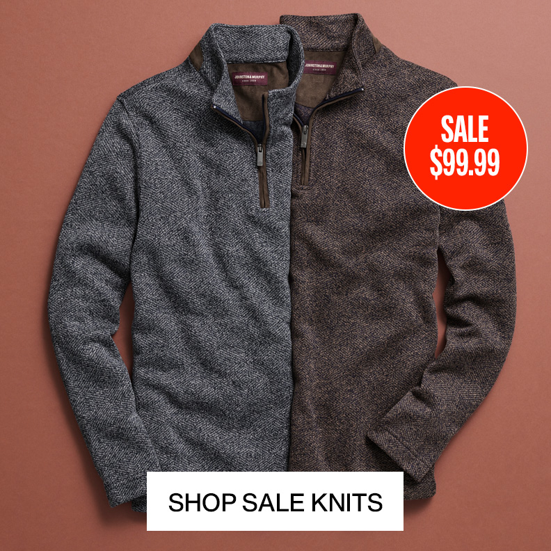 Flatlay of two men's quarter-zips folded in half with a sale price sticker overlayed on the image.