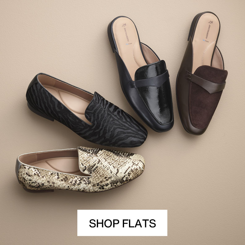 Four women's flats in black, brown and snakeskin patterns displayed on a neutral background.