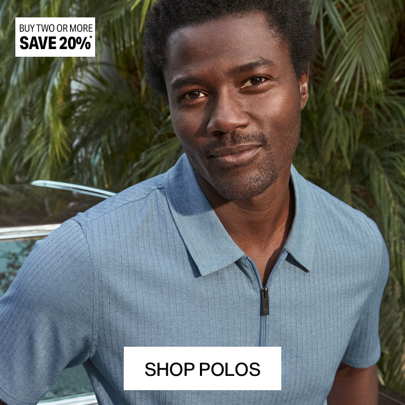 A closeup picture of a man from chest up is outside infront of a gree palm tree wearing a light blue qaurter-zip polo. A banner that reads Buy 2 or more, save 20% and Shop Polos are shown on the picture.