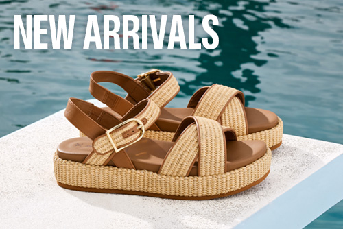Picture of tan women's sandals from Johnston & Murphy with pool water in the background and the words New Arrivals on the top of the image.