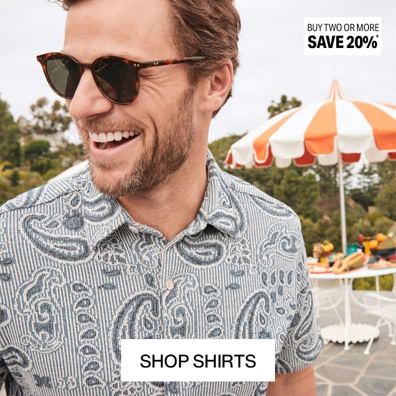A closeup shot of a man's upper body show casing a blue paisley button-down shirt. He is looking to the left and wearing sunglasses. A banner that reads buy 2 or more, save 20% and shop shirts is shown on the picture.